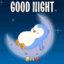 a penguin is sleeping on a crescent moon with the words good night .