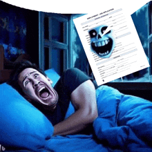 a man is laying in bed with a screaming face next to an employment job application