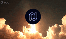 a picture of a rocket being launched with a circle with the letter n on it