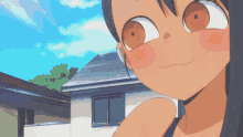 a cartoon character with a house in the background
