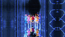 a group of people are dancing in a tunnel with a blue background