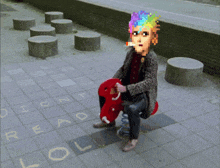 a pixel art of a man sitting on a rocking horse with the words " didn t read lol " written on the ground