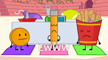 a cartoon drawing of a pencil a coin and a bucket of french fries with the words ewww on the bottom
