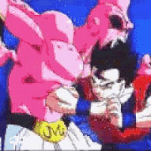 a pixelated image of a man and a pink rabbit