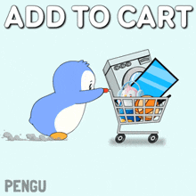 a penguin pushing a shopping cart with the words add to cart on the bottom