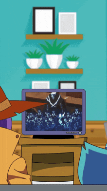 a cartoon of a man in a hat watching a tv show