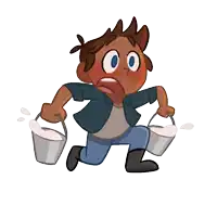 a cartoon drawing of a boy running with two buckets of milk