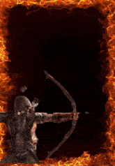 a man holding a bow and arrow in front of a fire background