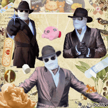 a man with a mask on his face is surrounded by a collage of items including a pink piggy bank