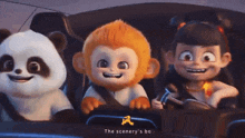 a panda monkey and a girl are driving a car
