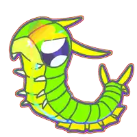 a cartoon drawing of a green and yellow caterpillar with a white background