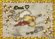 a picture of a teddy bear laying on the ground with the words dead written on it