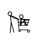 a black and white drawing of a stick figure pushing a car with a shopping cart .