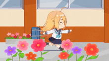 a girl in a school uniform is running with a blue bag on her back