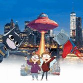 a group of cartoon characters standing in front of a city