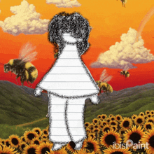a drawing of a girl standing in a field of sunflowers with bees