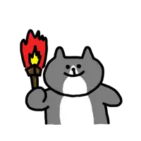 a drawing of a cat holding a torch with flames