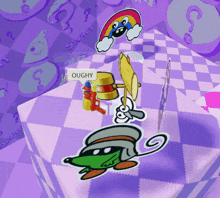 a cartoon character with a sign that says oughy