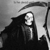 a grim reaper holding a scythe with the words " is he dead yet " written below him
