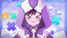 a girl in a purple and white outfit with a hood is surrounded by crosses and a purple background