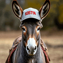 a donkey wearing a grey kostya baseball cap