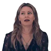 a woman with a surprised look on her face is wearing a necklace and earrings