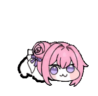 a cartoon drawing of a girl with pink hair and purple eyes laying on a white pillow .