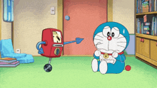 a cartoon of doraemon sitting on the floor next to a red robot