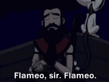 a man with a beard is standing next to a monkey and says flameo , sir flameo .