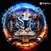 a woman in a white shirt stands in front of a logo that says sib