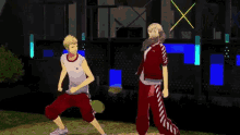 a man and a woman are standing next to each other in front of a building in a video game .