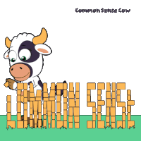 a cow is standing in front of a fence that says common sense