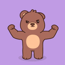 a brown teddy bear flexes his muscles on a purple background