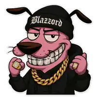 a cartoon dog is wearing a black beanie that says blazzard