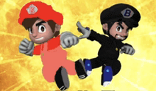 two cartoon characters one red and one black with a letter b on their hats