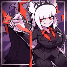a cartoon of a woman in a suit holding a glass of liquid