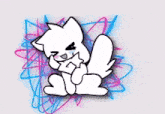 a drawing of a white cat sitting on the floor with a pink and blue background .