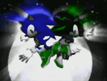 a blue and green sonic and shadow are flying through the air