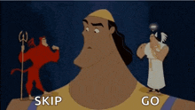 a cartoon character from the emperor 's new groove is standing between a devil and an angel .
