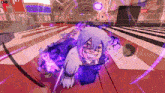 a screenshot of a video game shows a character being attacked by a purple light