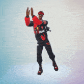 a man wearing a red and black outfit with the word tang on it