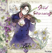 a picture of a man playing a violin with the words good morning below him