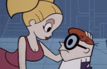 a cartoon character with glasses is touching another character 's face
