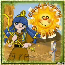 a picture of a girl and a smiling sun with the words good morning sunshine