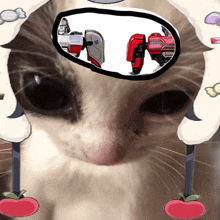 a cat with a cartoon drawing of a robot on its head