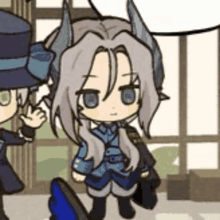 a cartoon character with long hair and horns is standing next to another cartoon character in a room .