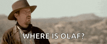 a man in a cowboy hat says " where is olaf "