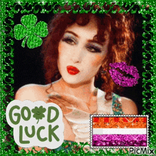 a picture of a woman with a good luck sticker