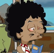 a cartoon character is reading a book with a cat 's nose