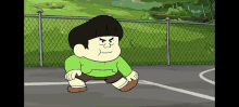 a cartoon character in a green shirt and brown shorts is standing on a basketball court